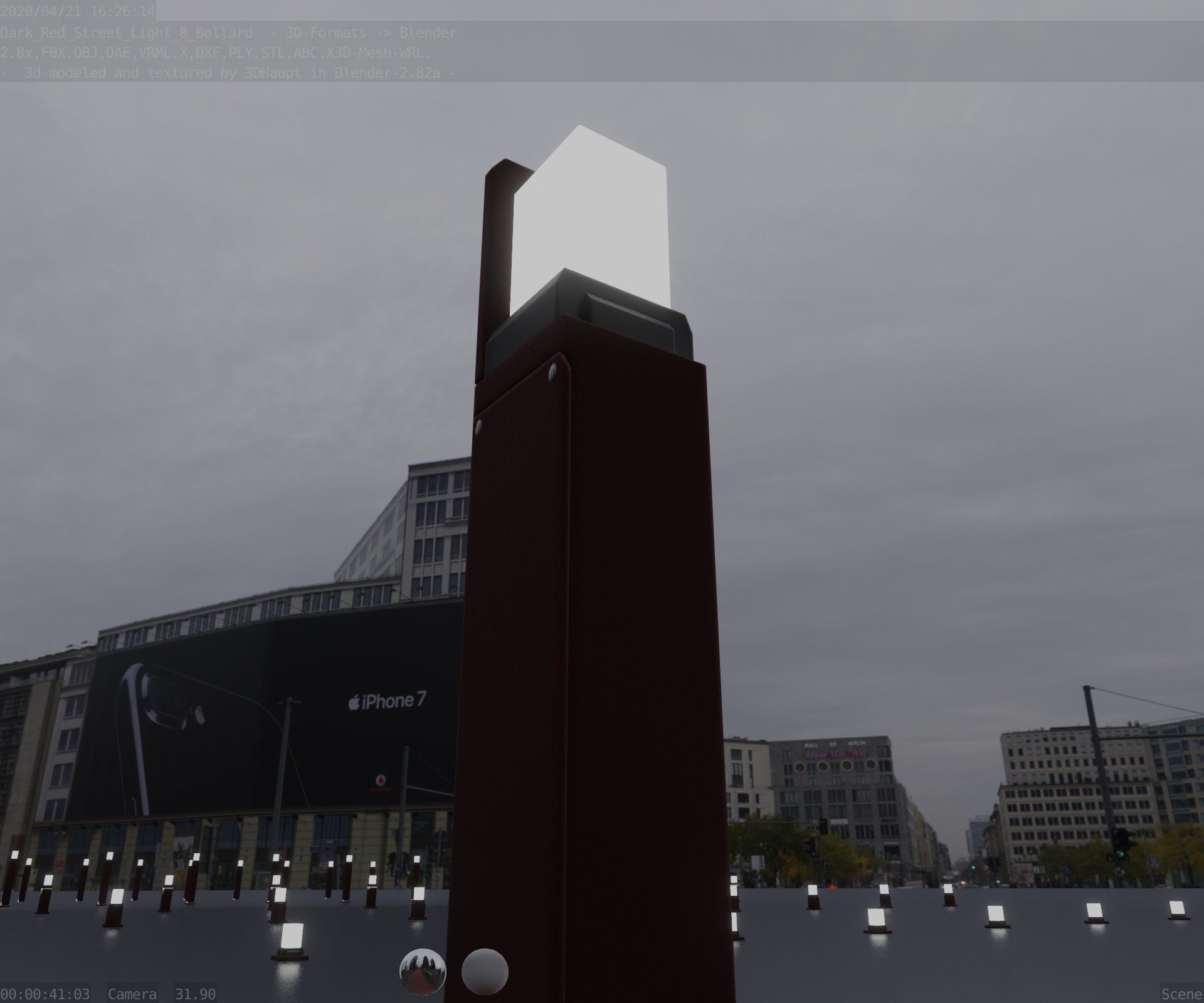 Street Light 8 Bollard 900 mm Dark Red Version 5 Low-poly 3D model_1