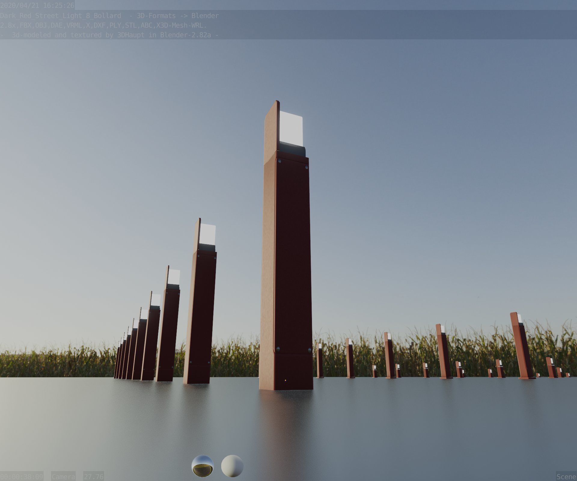 Street Light 8 Bollard 900 mm Dark Red Version 5 Low-poly 3D model_29