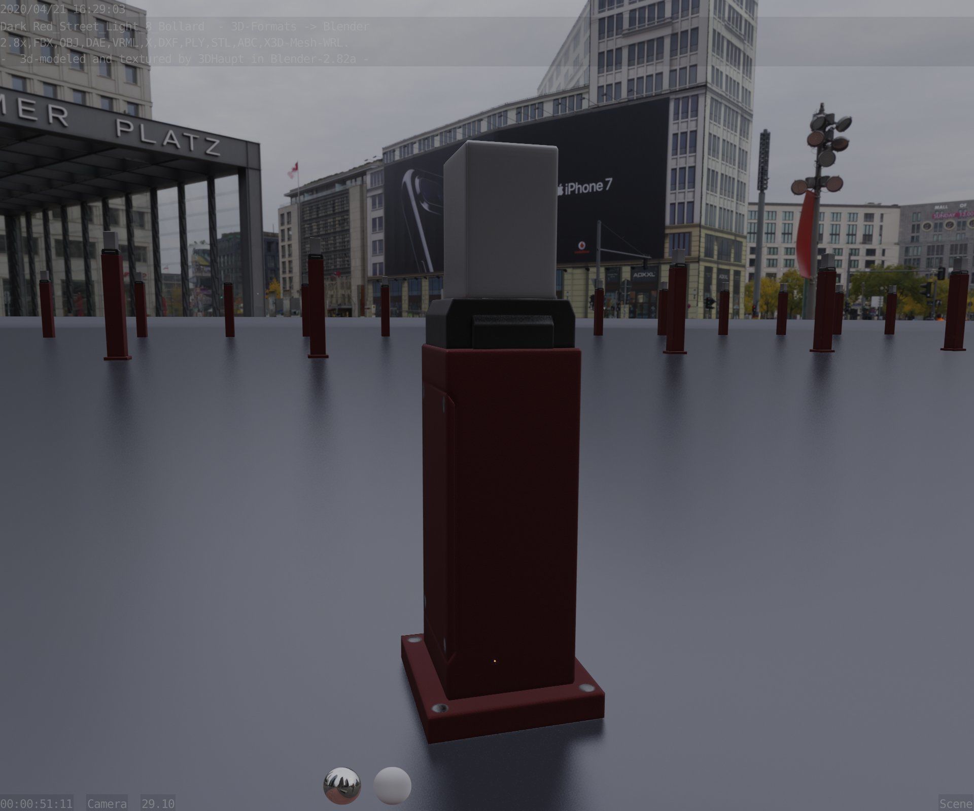 Street Light 8 Bollard 500mm Dark Red Version 3 Low-poly 3D model_35