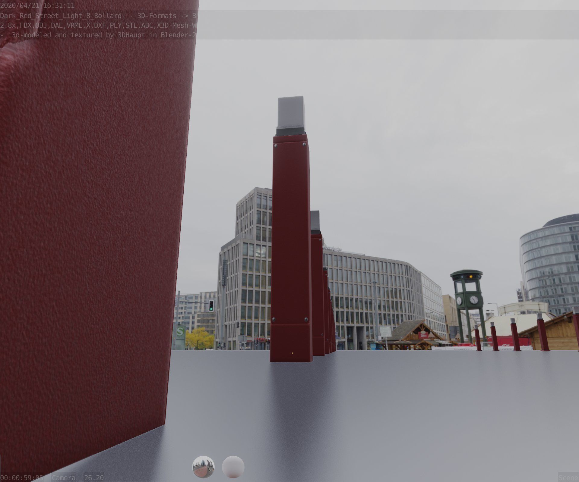 Street Light 8 Bollard 900mm Dark Red Version 6  Low-poly 3D model_9