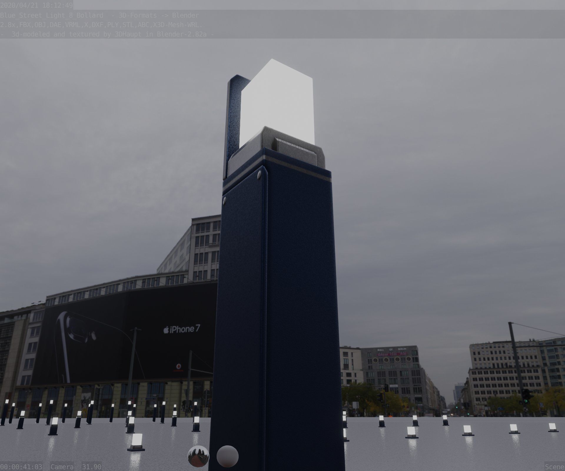 Street Light 8 Bollard 900 mm Futuristic Blue Version 5 Low-poly 3D model_91