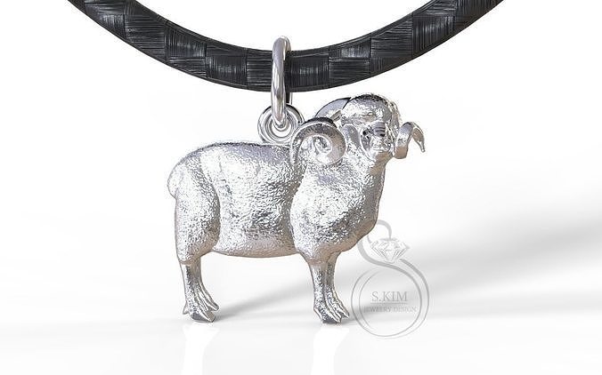 Aries silver ram pendant on cord 3D print model