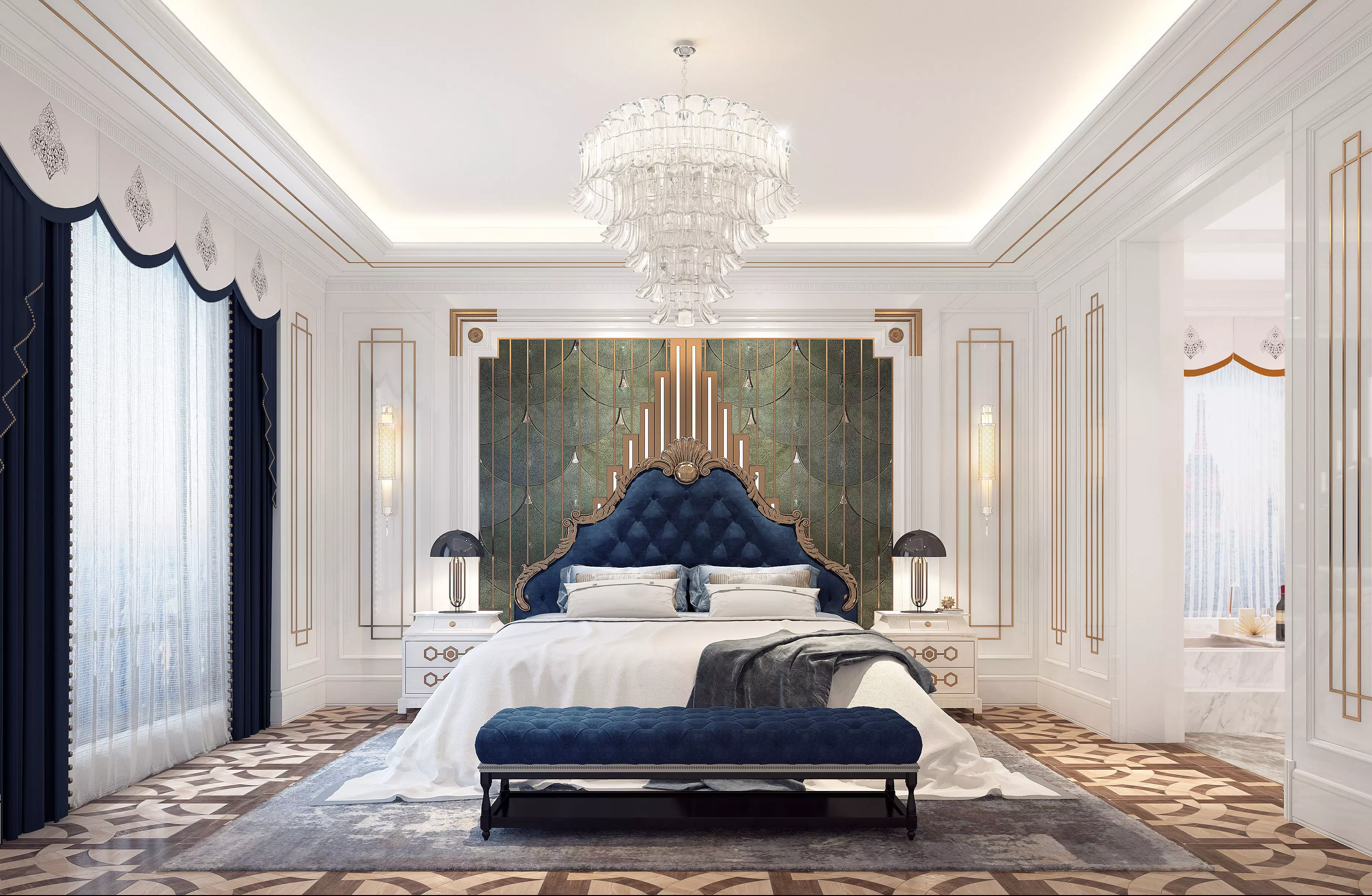 Bedroom elegant with bed and chandelier 3D model_0