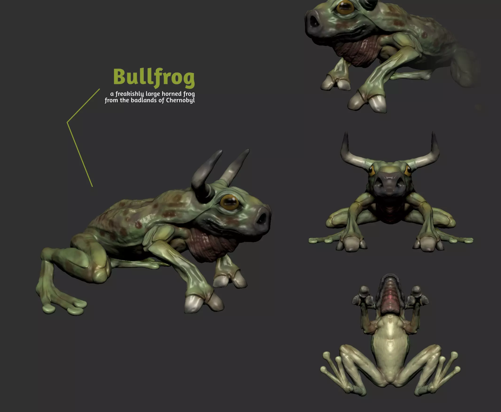 Bullfrog creature with horns Low-poly 3D model_0