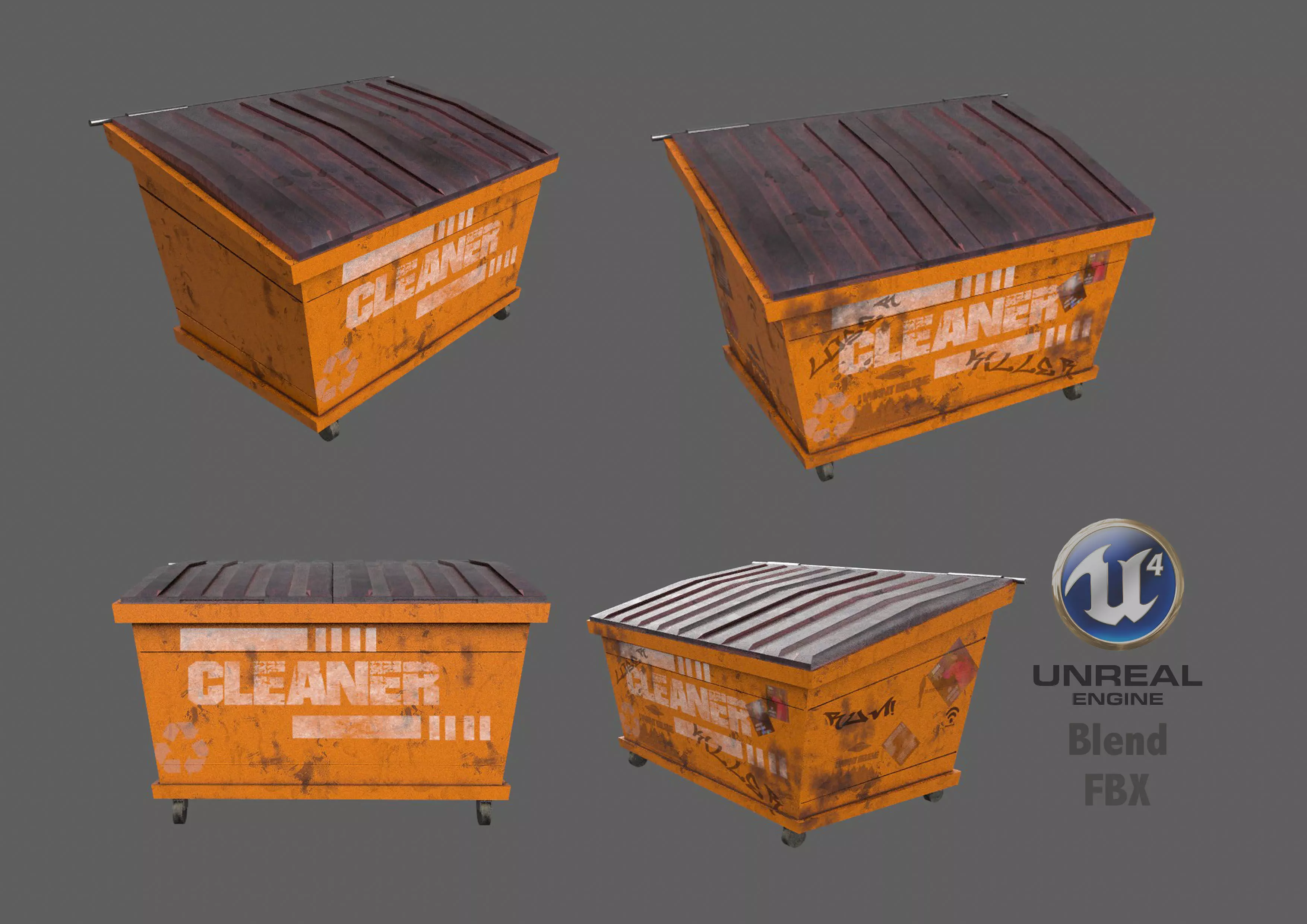 Dumpster orange trash can Low-poly 3D model_0
