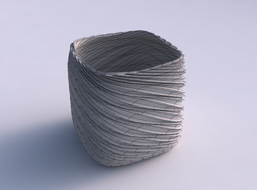 Vase quadratic stumpy with wavy extruded lines 3D print model_5