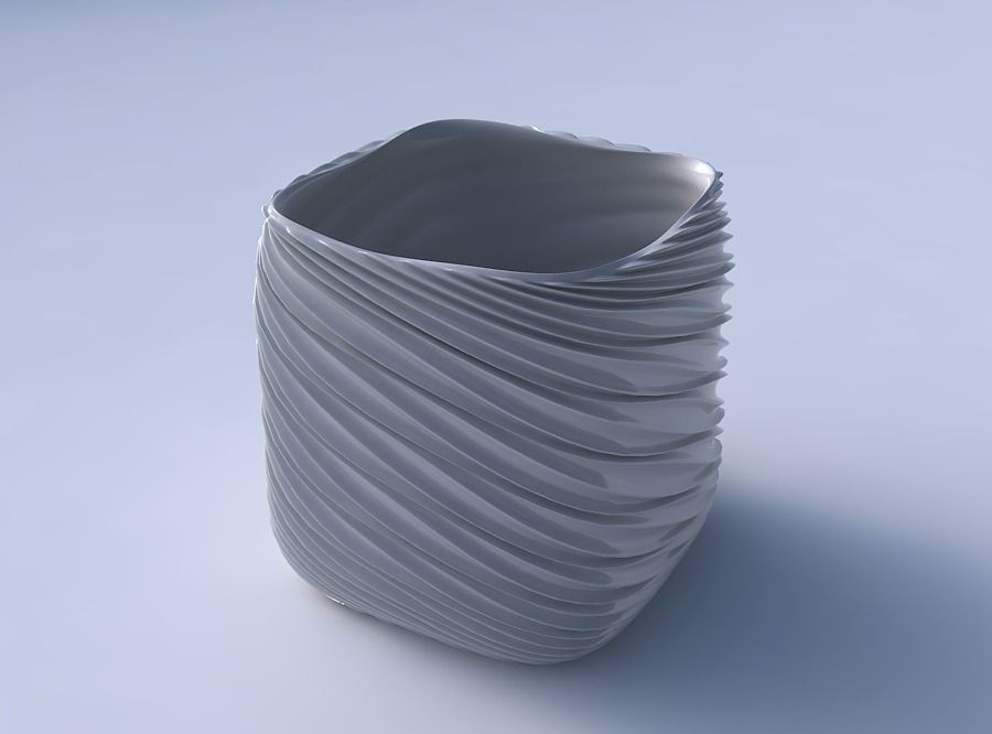 Vase quadratic stumpy with wavy extruded lines 3D print model_3