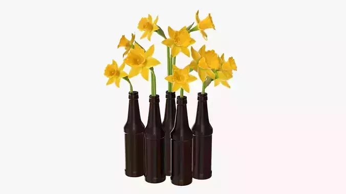 Narcissus flowers in beer bottle vase