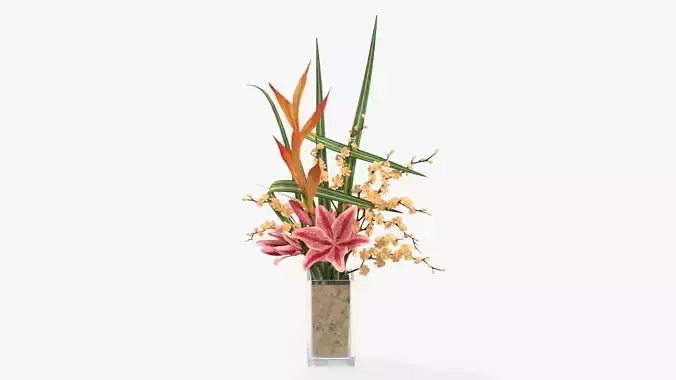Lily bouquet with cherry branch and grass