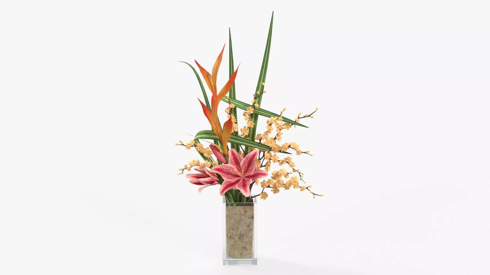 Lily bouquet with cherry branch and grass 3D model