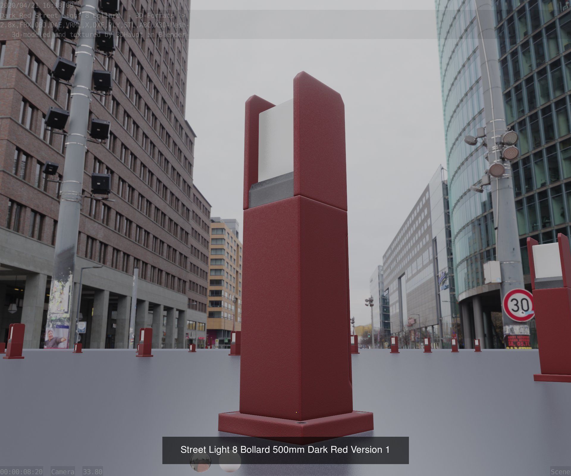 Street Light 8 Bollard Dark Red Version 3D Model Collection_3