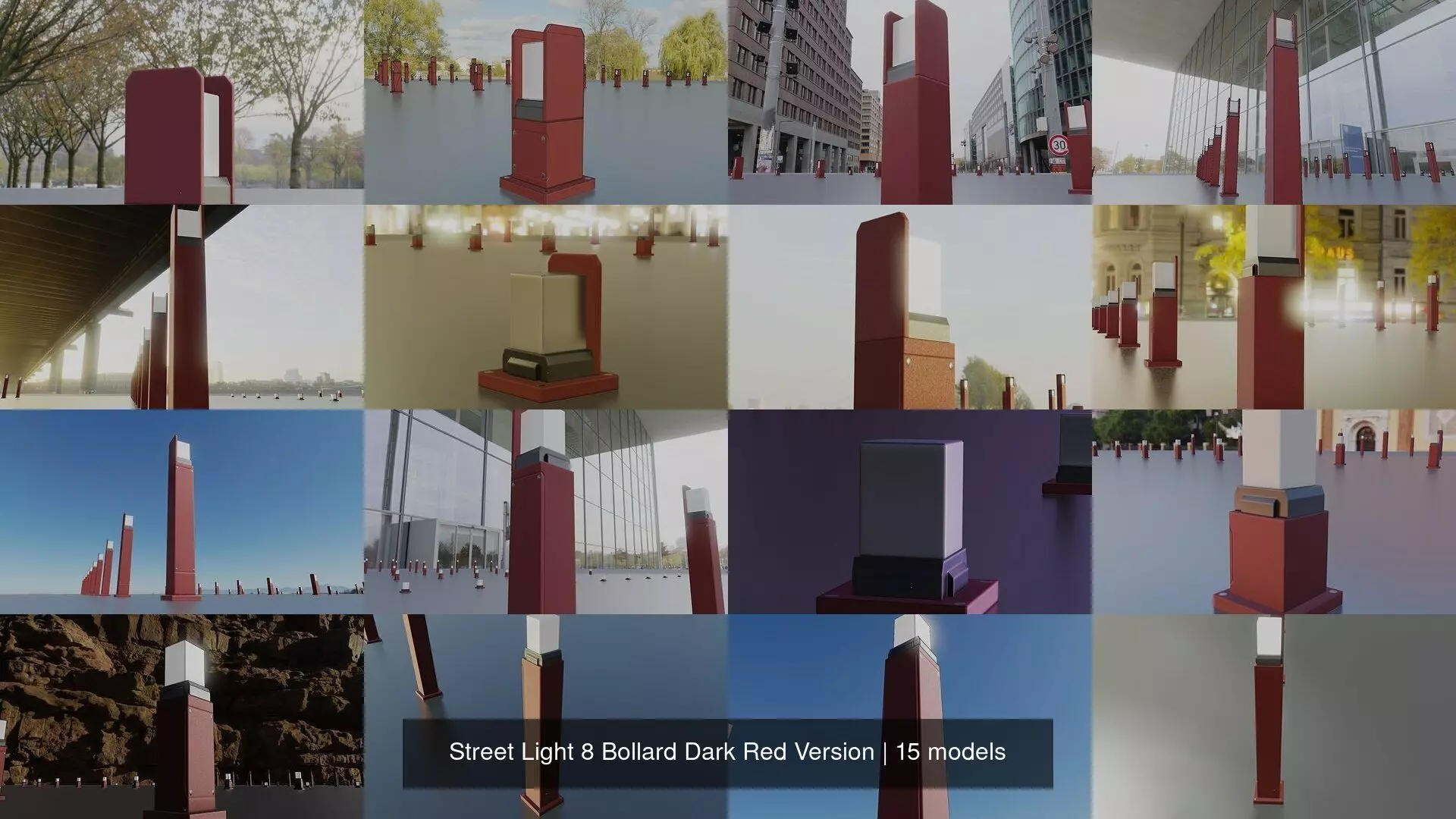 Street Light 8 Bollard Dark Red Version 3D Model Collection_0