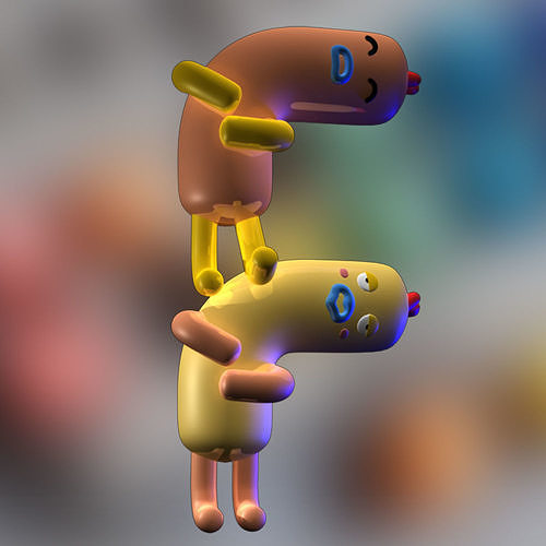 Font F pair of cartoon characters 3D model