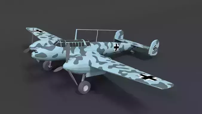 Low Poly Cartoon Messerschmitt Bf110 WWII Airplane