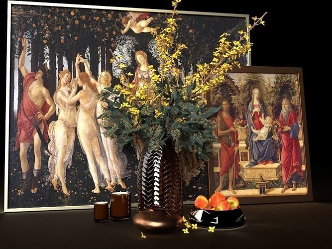 Botticelli Paintings Vase Apples and Candles scene decor set 3D model