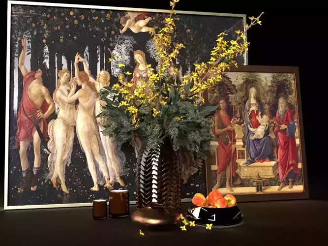 Botticelli Paintings Vase Apples and Candles scene decor set 3D model