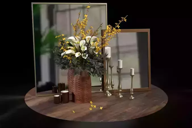 Decor set candles candlesticks bouquet of flowers and mirrors