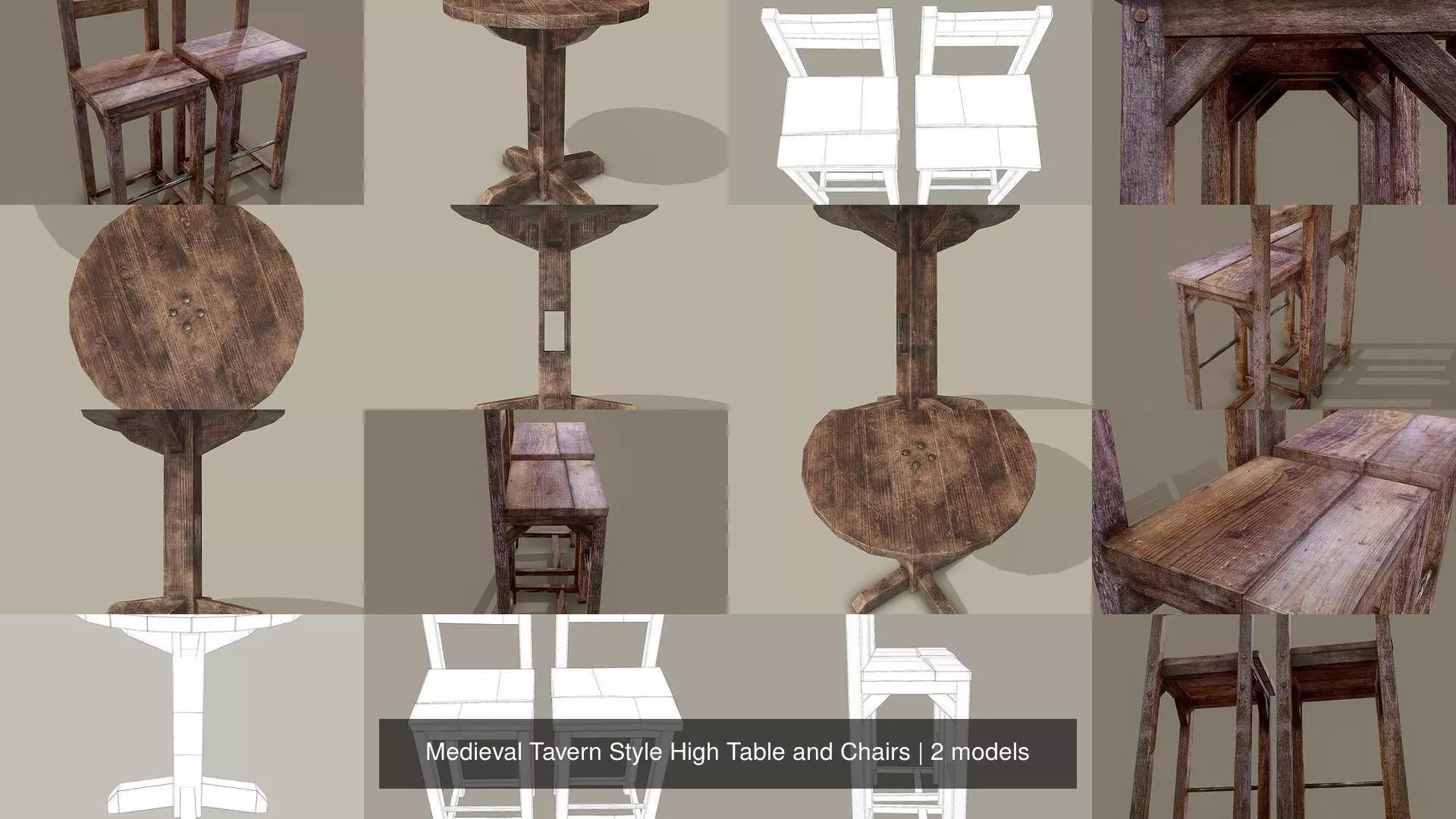 Medieval Tavern Style High Table and Chairs 3D Model Collection_3