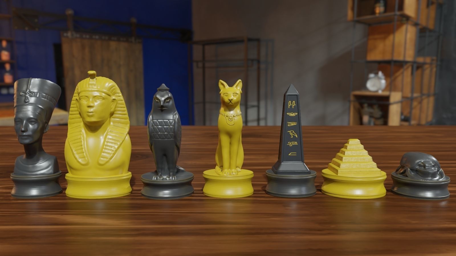 Ancient Egypt Chess Set Pieces with Chessboard 3D print model_0