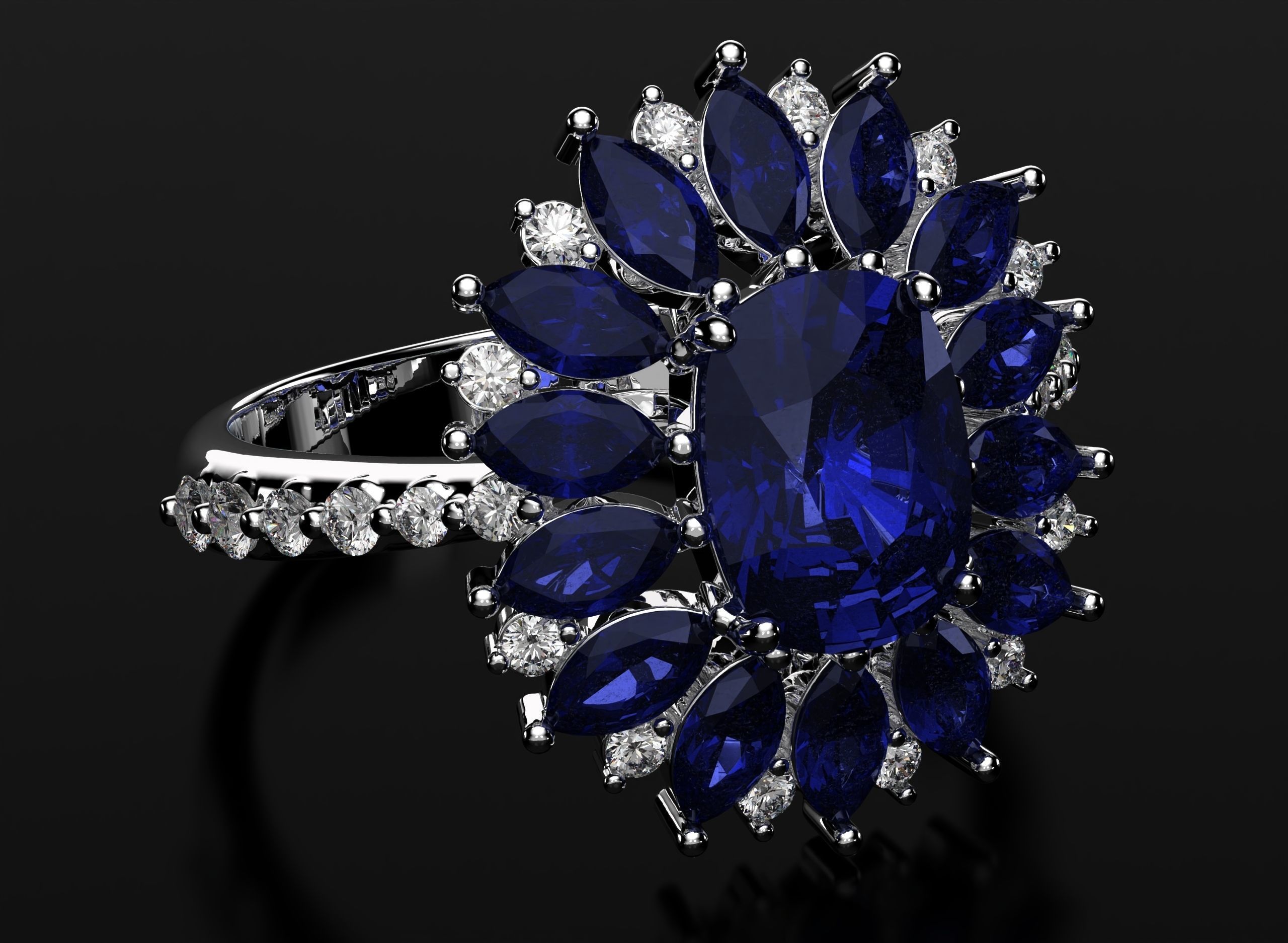 Stylish ring with diamonds and awnings flower 513 3D print model_17