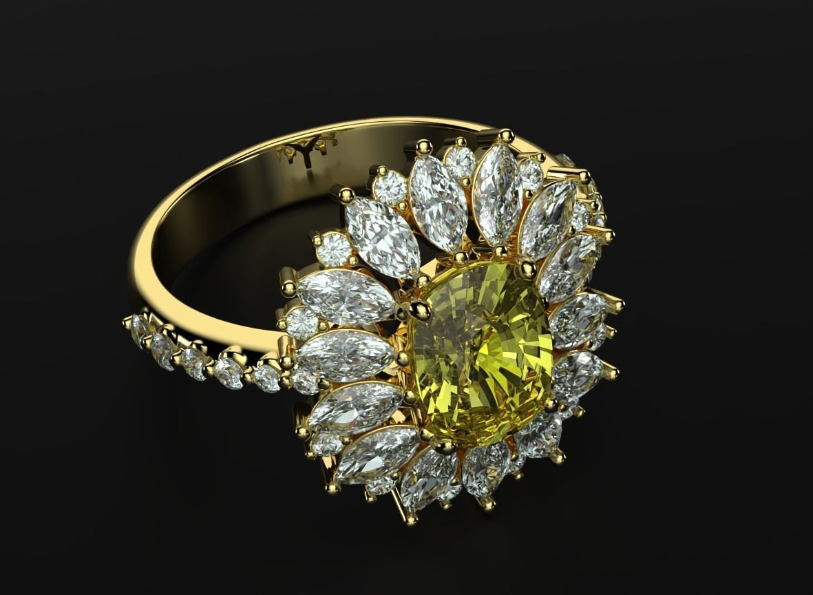 Stylish ring with diamonds and awnings flower 513 3D print model_5