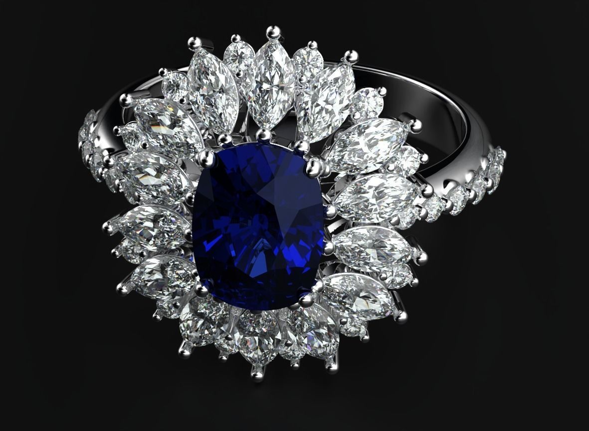 Stylish ring with diamonds and awnings flower 513 3D print model_10