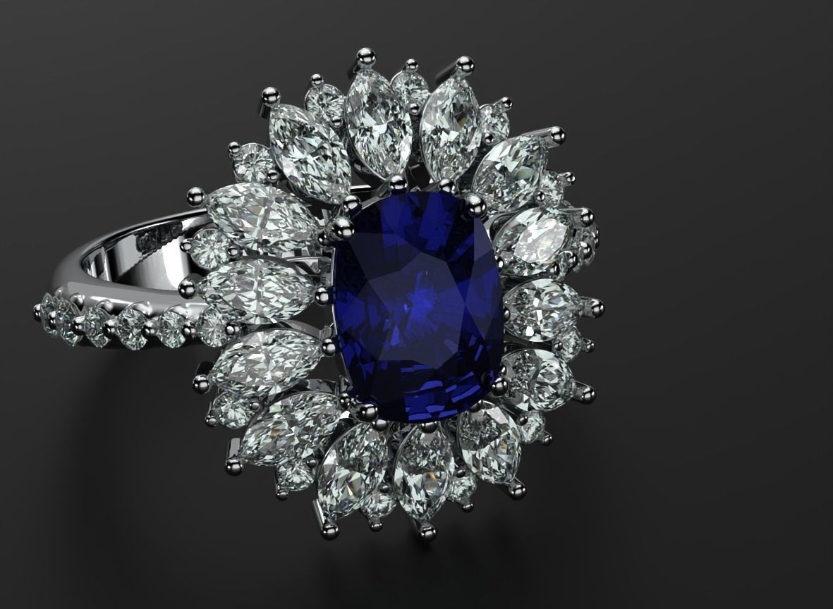 Stylish ring with diamonds and awnings flower 513 3D print model_15