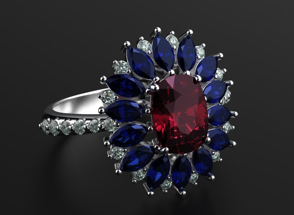 Stylish ring with diamonds and awnings flower 513 3D print model_16