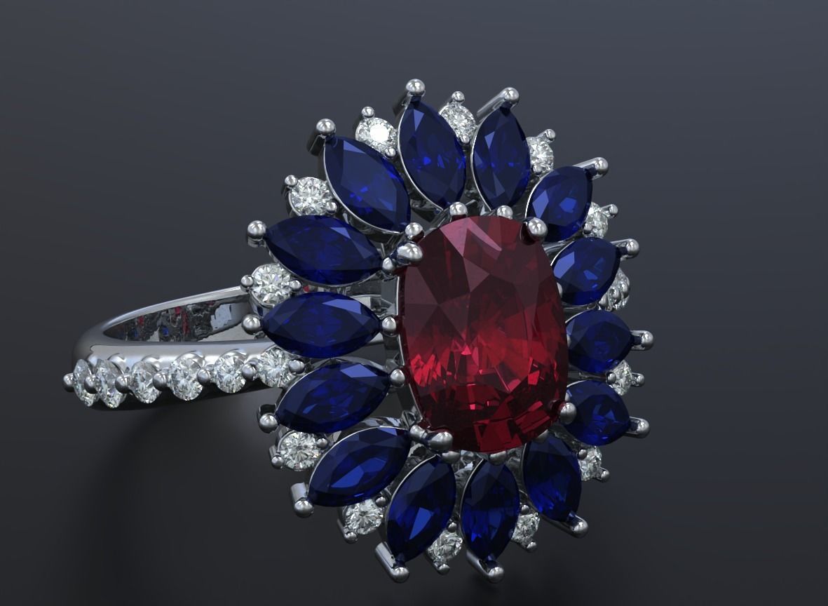 Stylish ring with diamonds and awnings flower 513 3D print model_4