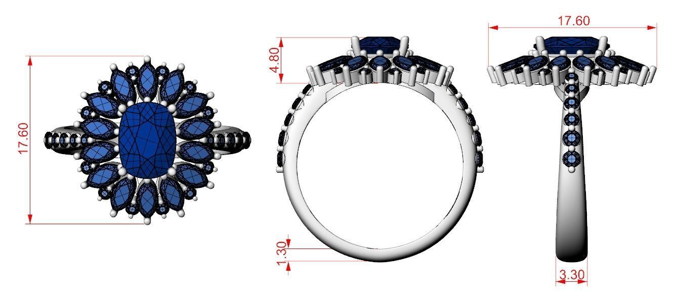Stylish ring with diamonds and awnings flower 513 3D print model_19