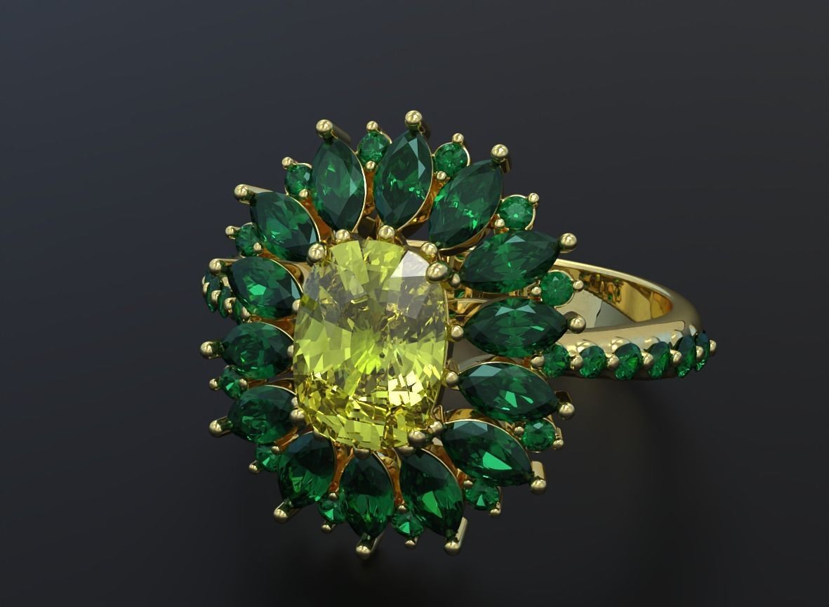 Stylish ring with diamonds and awnings flower 513 3D print model_3