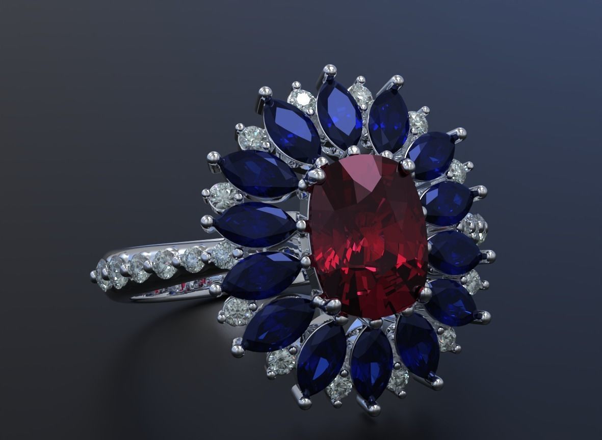 Stylish ring with diamonds and awnings flower 513 3D print model_2