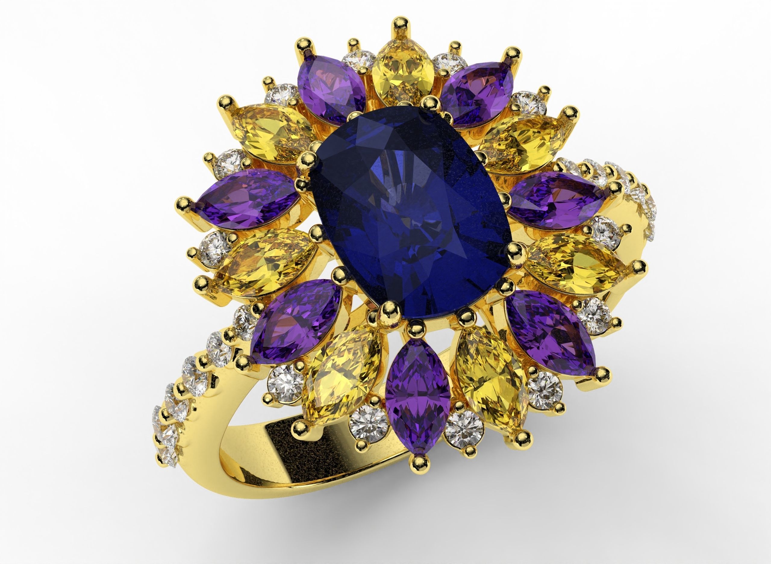 Stylish ring with diamonds and awnings flower 513 3D print model_14