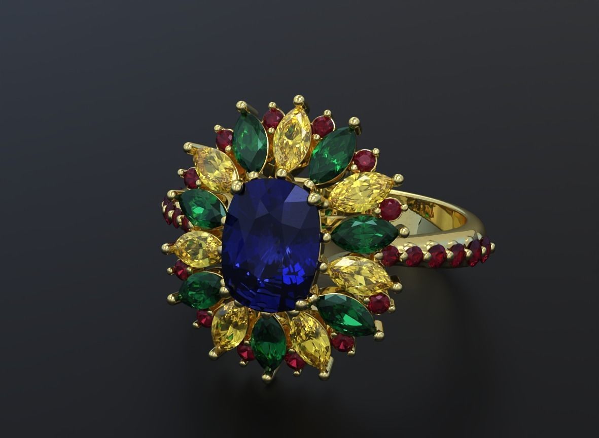 Stylish ring with diamonds and awnings flower 513 3D print model_7