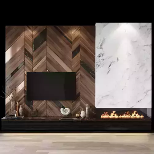 Tv set 4 fireplace with marble and wood panels