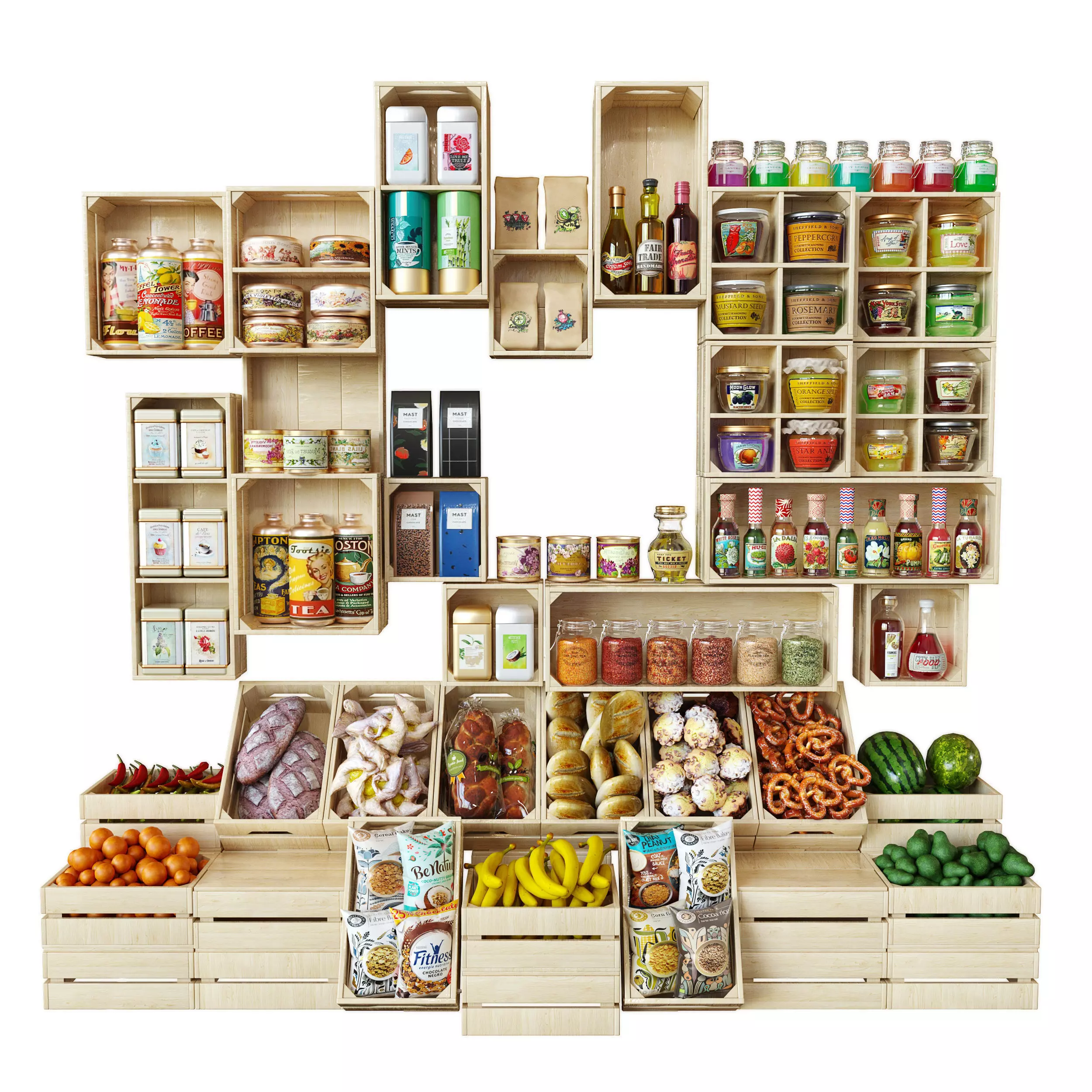 ShopShelf food store with wooden crates filled with food 3D model
