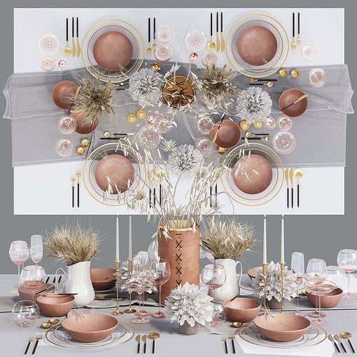 Table setting with dried flowers Low-poly 3D model