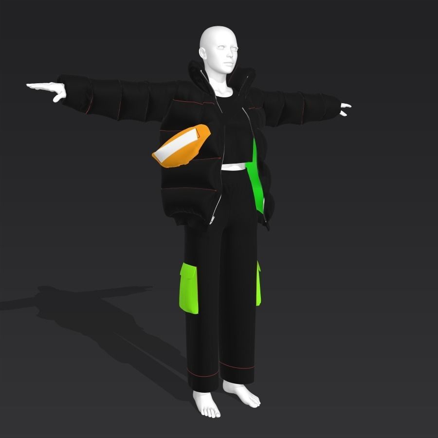 Puffer Jacket cargopants fannypack female tshirt Cloth Garment  3D model_6