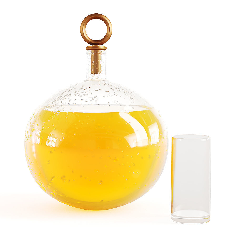 Decanter with orange juice with water drops on a glass