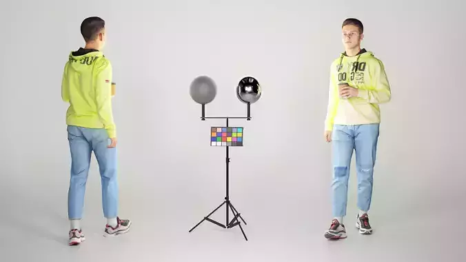 Young man in a bright hoodie walking 107