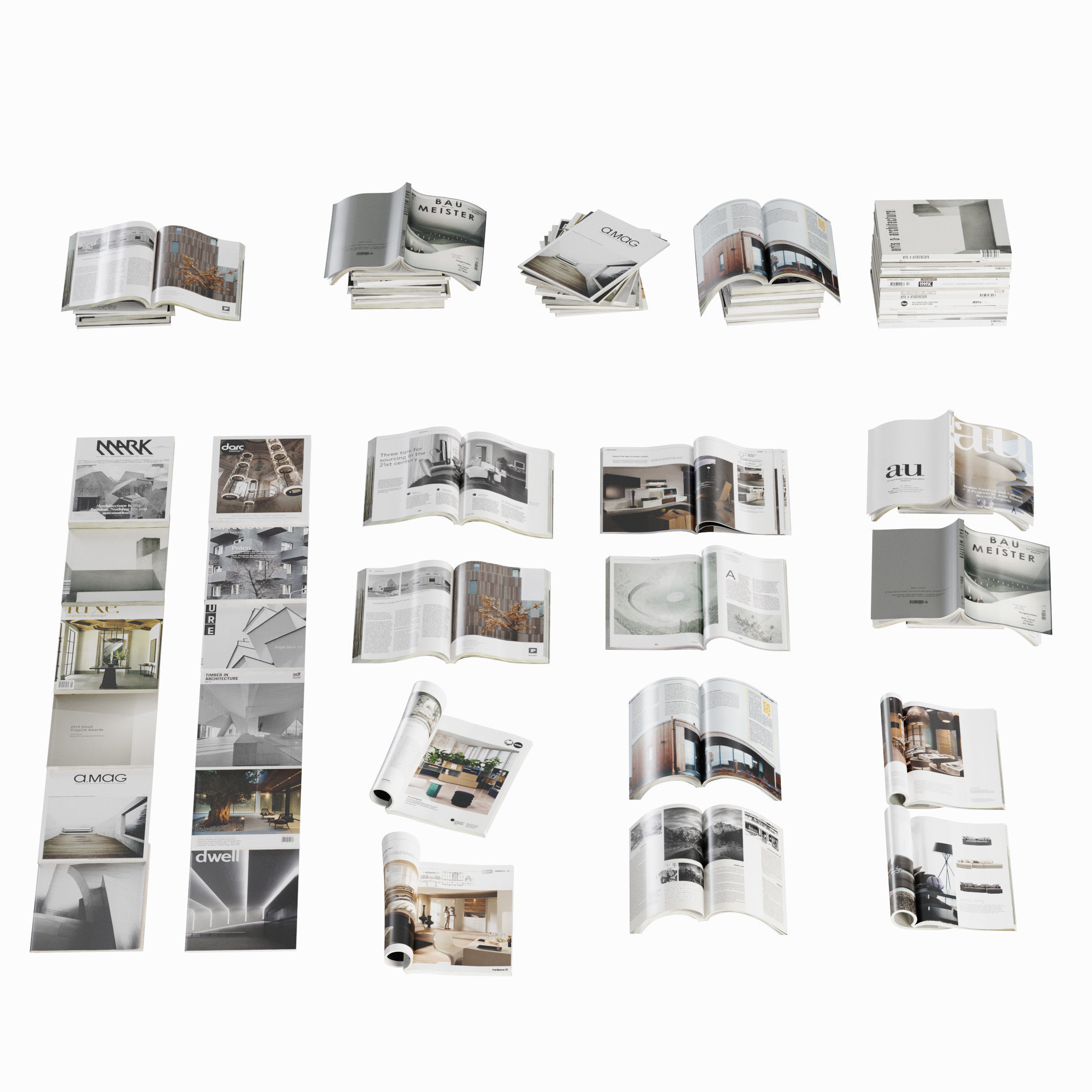Opened magazines stack set 3D model_2