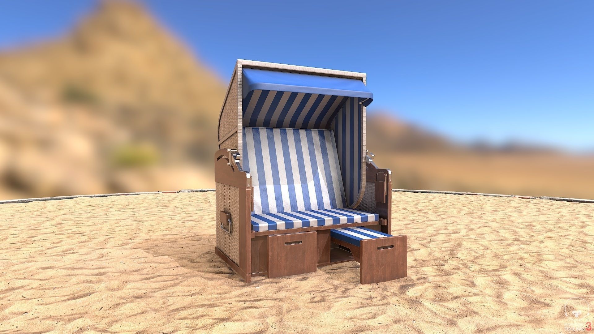 Roofed Wooden Beach Seat Low-poly 3D model_2