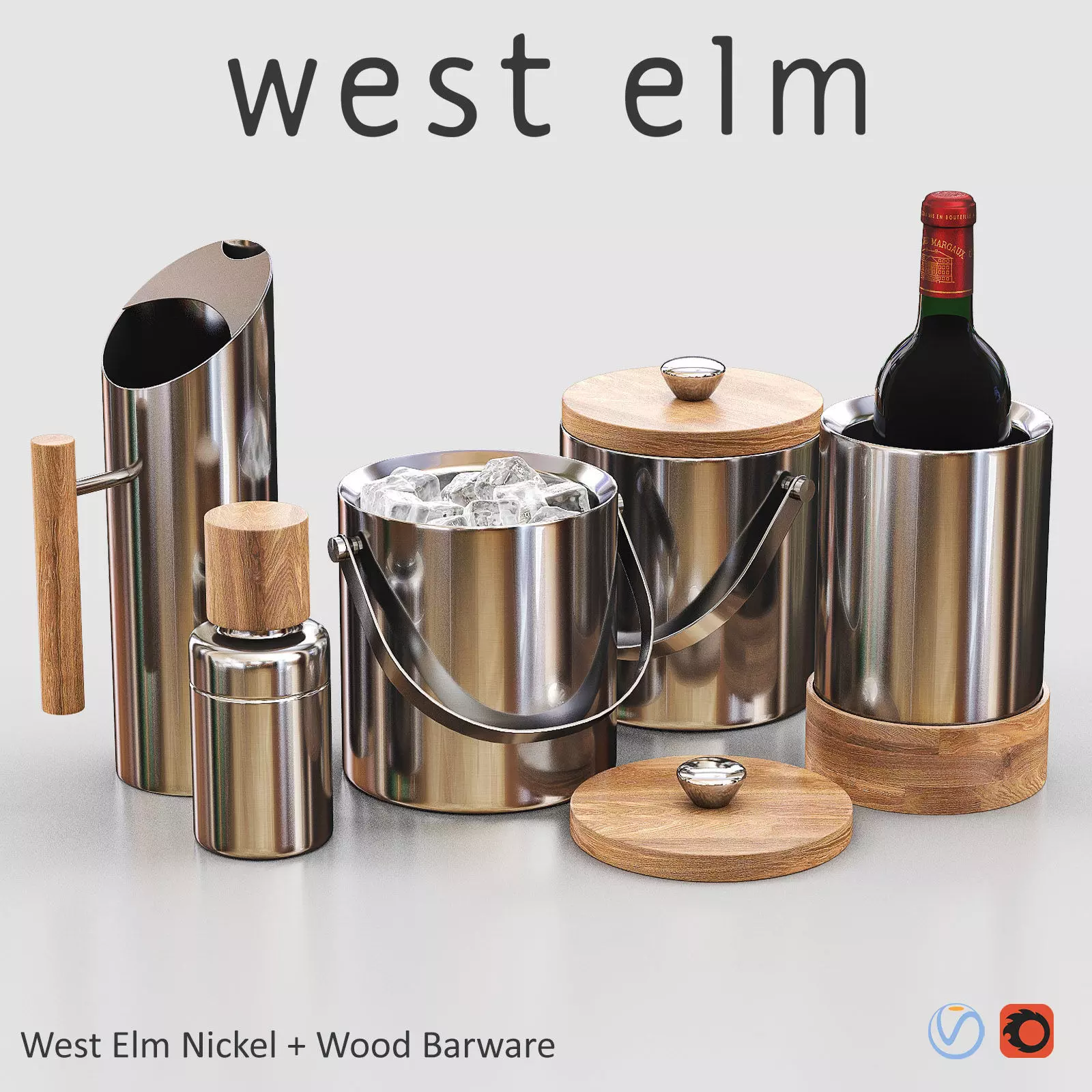 WEST ELM Nickel Wood Barware 3D model