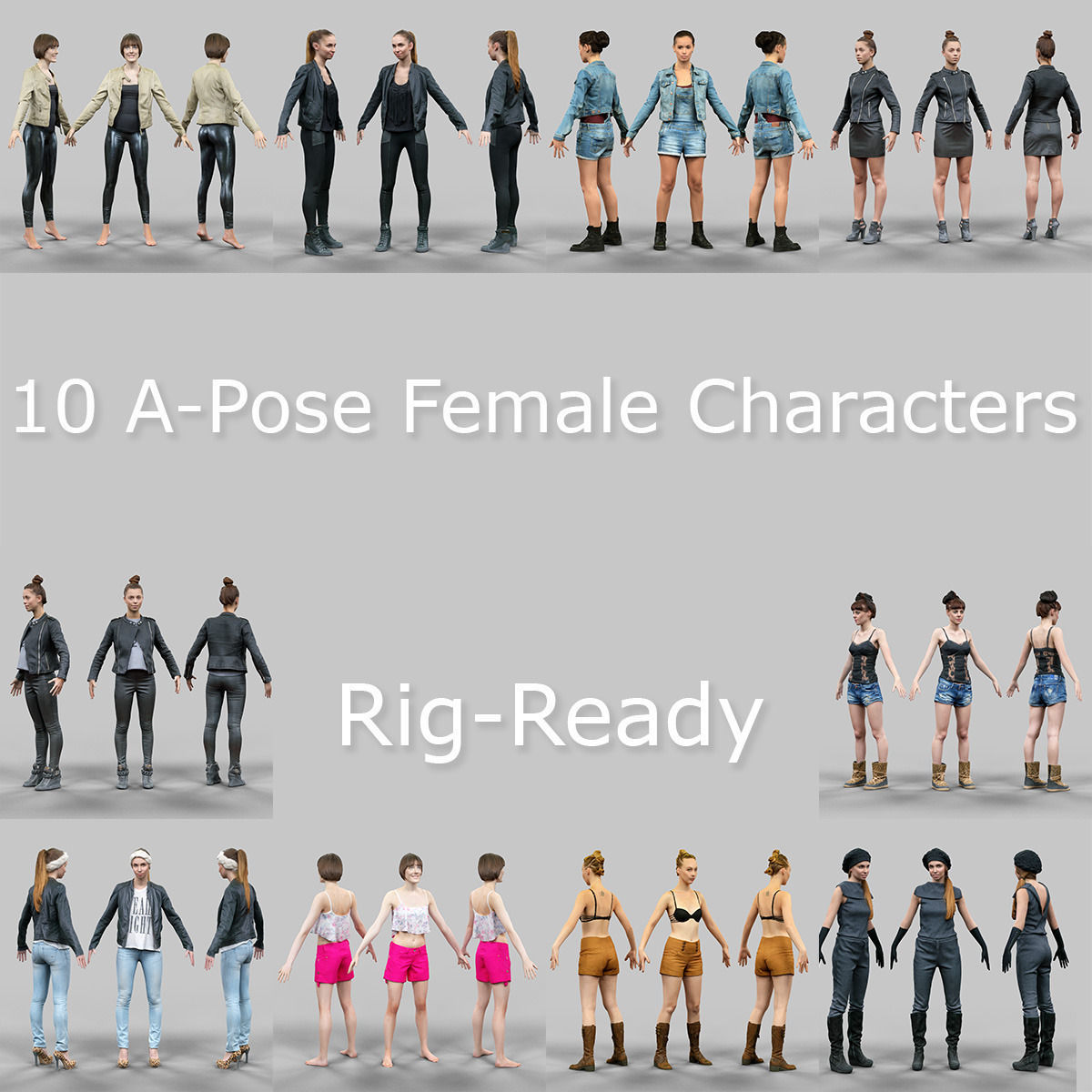 10 A-Pose Rig Ready Female Characters Low-poly 3D model_15