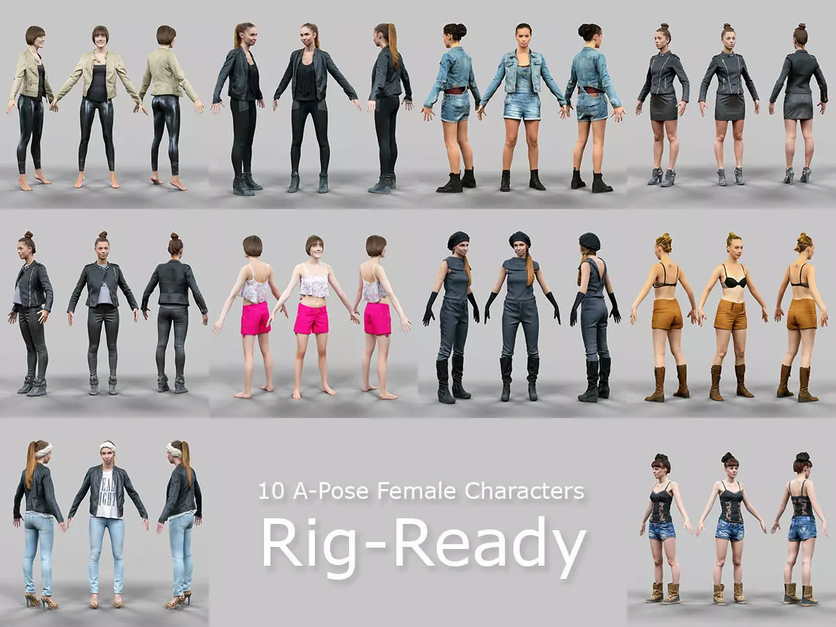 10 A-Pose Rig Ready Female Characters Low-poly 3D model_0