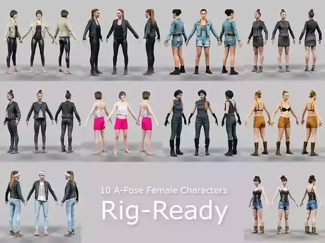 10 A-Pose Rig Ready Female Characters Low-poly 3D model