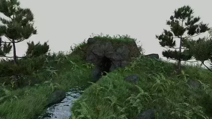 Scene grassy area with rocks and trees