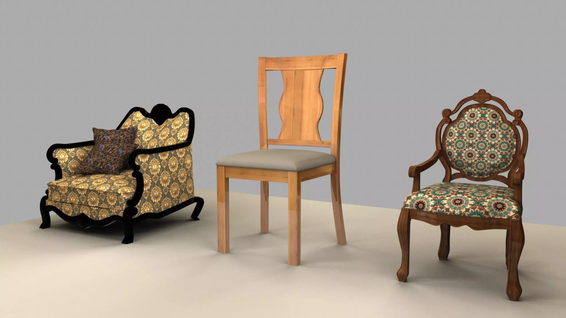 Chair with gold damask pattern 3D model_0