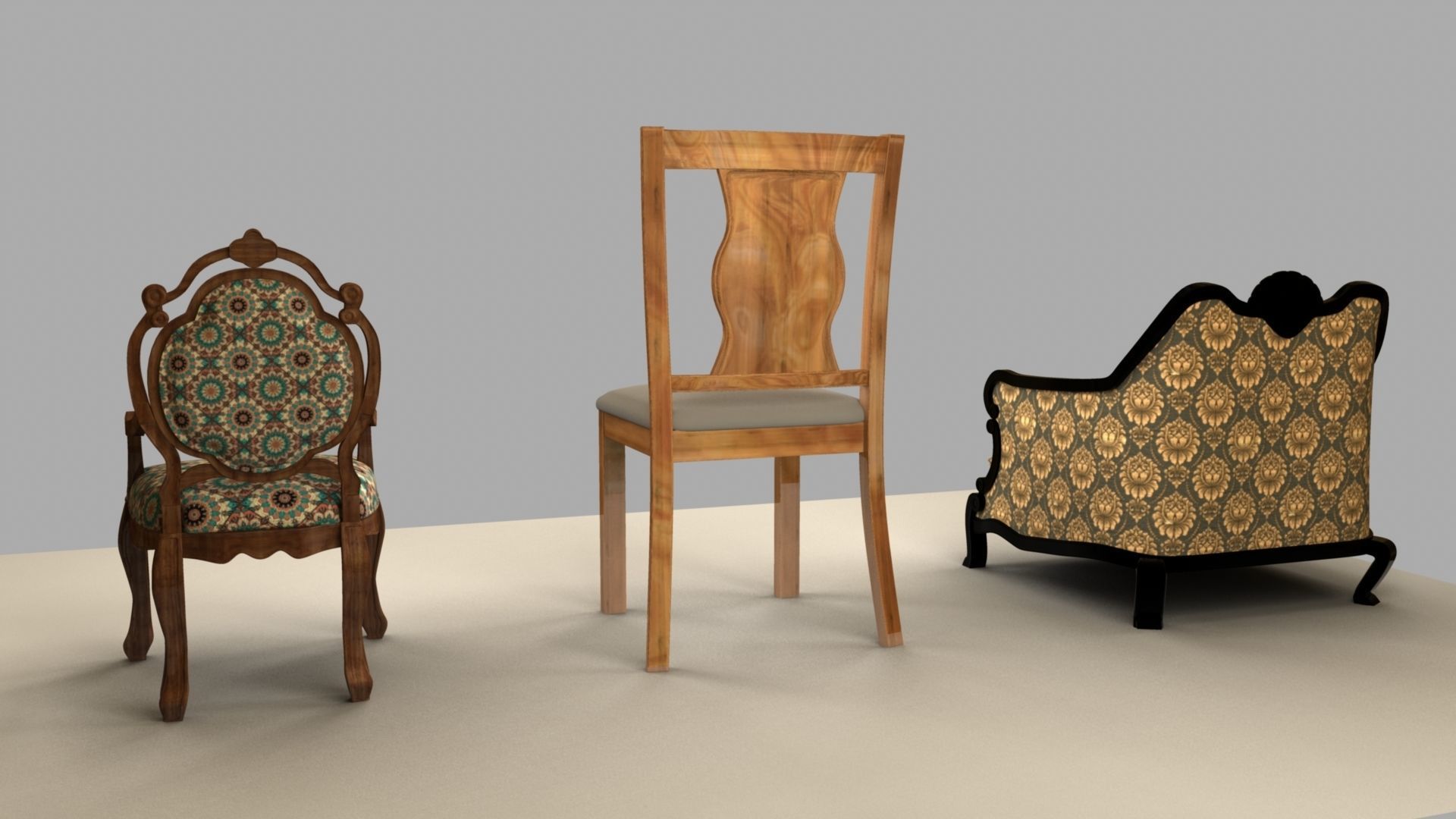 Chair with gold damask pattern 3D model_4