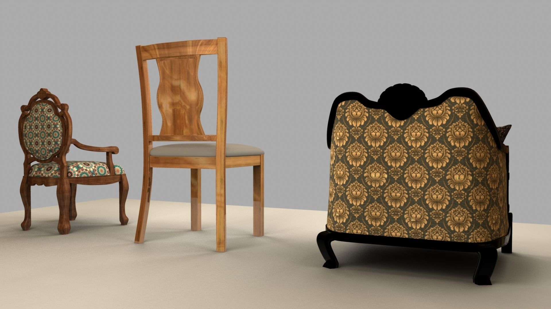 Chair with gold damask pattern 3D model_3